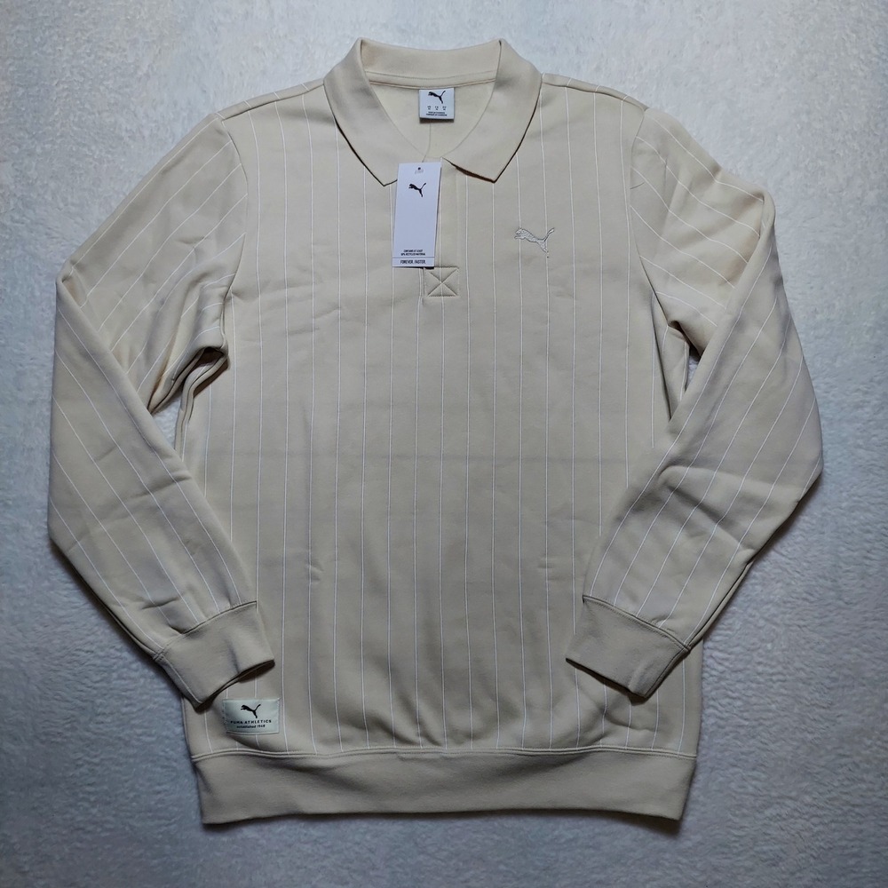 Puma Class Polo FL Men's Medium Alpine Snow NWT Pinstripe Long Sleeve Sweatshirt